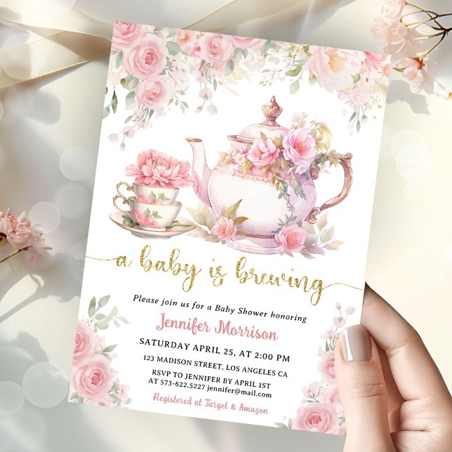 En baby brygger Tea Baby Shower Flicka Rosa Blommi Inbjudningar (Skapare uppladdad)