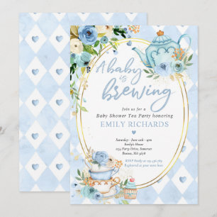 En baby brygger Tea Party Baby Shower Blå Rosor Inbjudningar