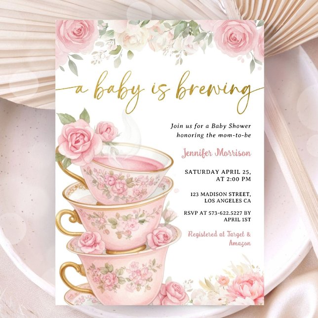 En baby bryggs Baby Shower Flicka Rosa Blommig Inbjudningar (Skapare uppladdad)