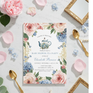 En baby bryggs blå blomsterdusch inbjudningar