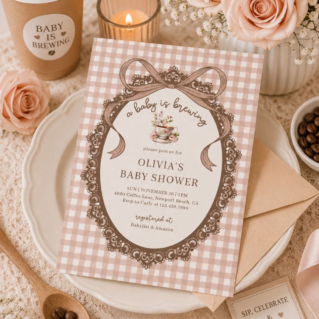 En baby bryggs Gingham Kaffe Baby Shower Inbjudningar (Skapare uppladdad)