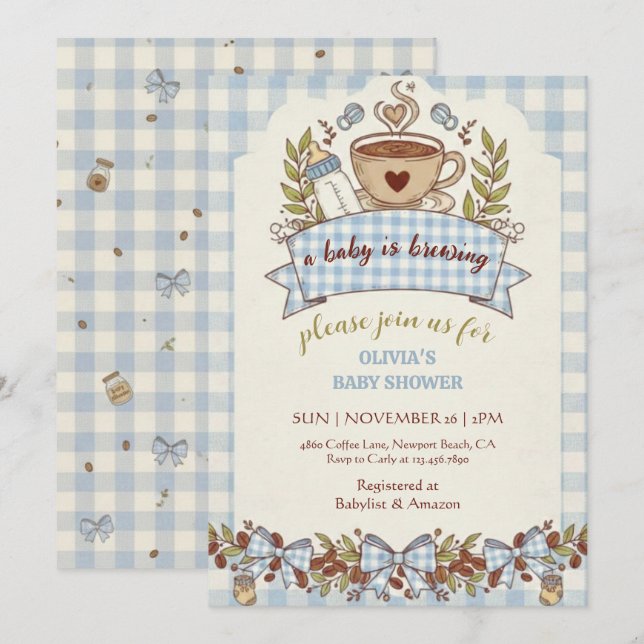 En baby bryggs Gingham Kaffe Babyfirande Inbjudningar (Fram/baksida)