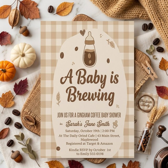 En baby bryggs Gingham Kaffe Neutral Kön  Inbjudningar (Skapare uppladdad)