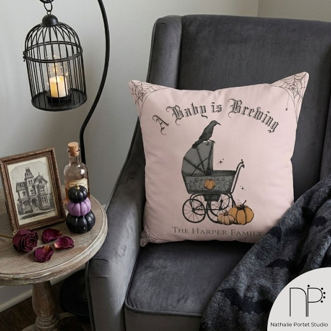 En baby bryggs gotisk kastkudde kudde (Gothic A Baby is Brewing throw pillow, hand-drawn ink art, blush pink, fine-line nursery decor)