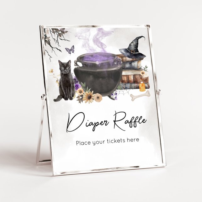 En baby bryggs Häxa Blöja Lotteri Skylt (Purple Witch Cauldron Baby Shower Diaper Raffle Sign)