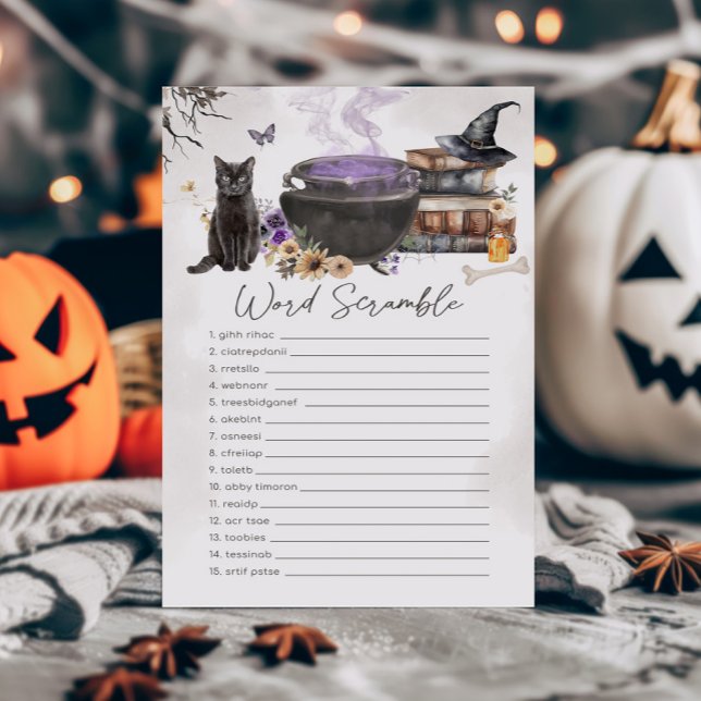 En baby bryggs Häxans Ordpusselspel (Purple Witch Cauldron Baby Shower Word Scramble Game)
