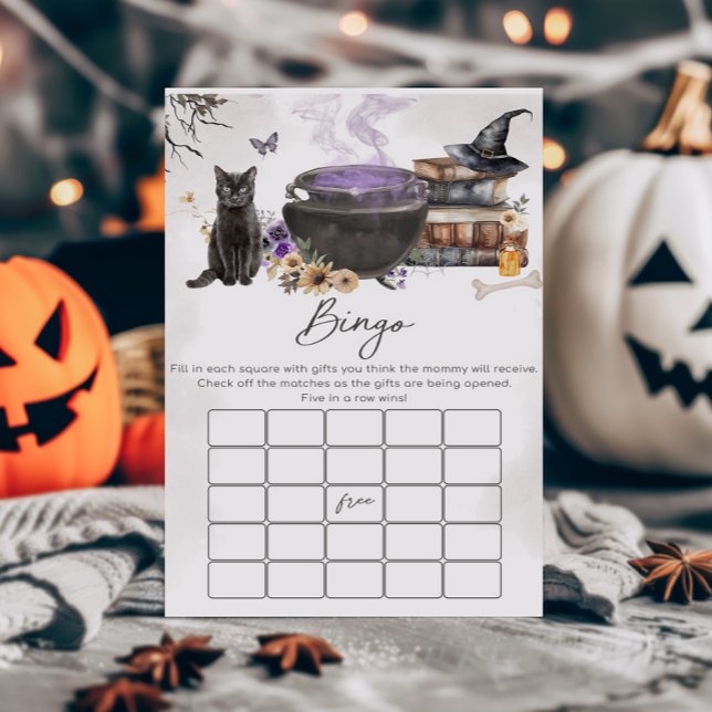 En baby bryggs häxbingospel (Purple Witch Cauldron Baby Shower Bingo Game)