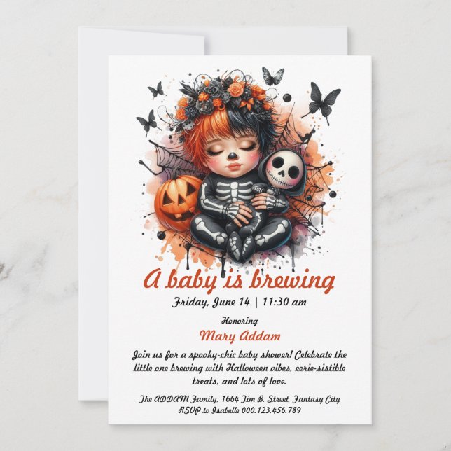 En baby bryggs, Orange Halloween Baby Shower Inbjudningar (Framsida)
