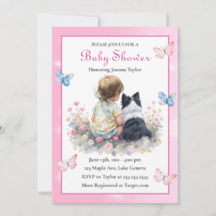 En babyflicka och hennes Aussie-hund Baby Shower Inbjudningar