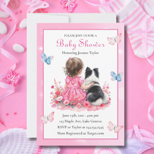 En babyflicka och hennes hund Baby shower Inbjudningar