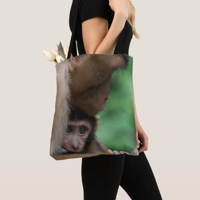 En babyMacaque och det är modern Tygkasse (Närbild)