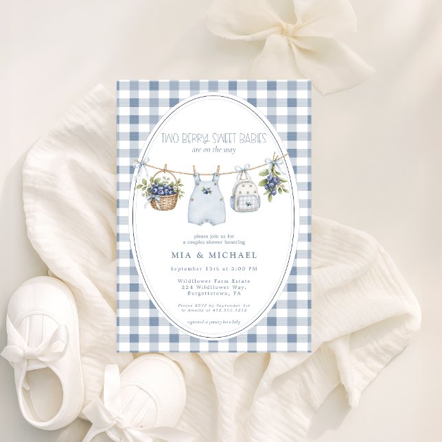 En Bär Söt Bebis Par Babyshower Inbjudan (Berry Sweet Baby Blueberry Clothesline Couples Shower )