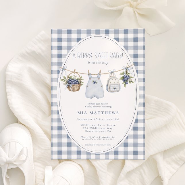 En Bär Söt Bebis Shower Inbjudan (Berry Sweet Baby Blueberry Clothesline Baby Shower Invitation)
