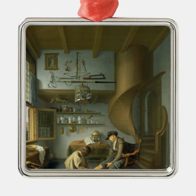 En barberarekirurg som ansar en bonde fot julgransprydnad metall (Framsidan)