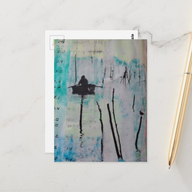 En båt och en fågel blandteknik collage vykort (Fram/Back In Situ)