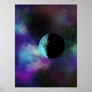 En bebodd måne bland lila grönt stjärnor nebulae poster