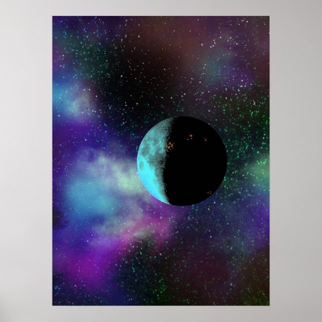 En bebodd måne bland lila grönt stjärnor nebulae poster (Framsidan)