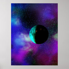 En bebodd måne bland lila grönt stjärnor nebulae poster