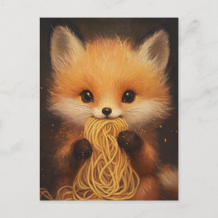 En bedårande liten röd räv som äter spaghetti vykort