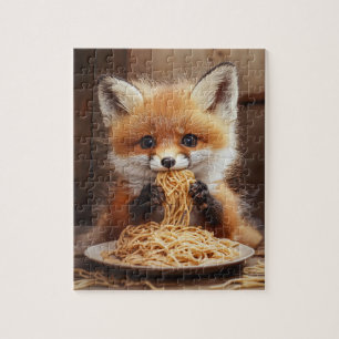 En bedårande liten röd rävunge som äter spaghetti pussel