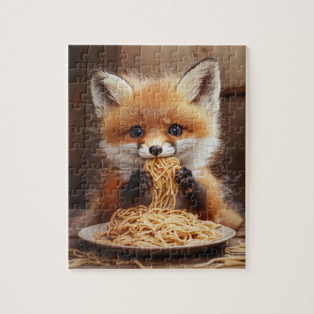 En bedårande liten röd rävunge som äter spaghetti pussel (Vertikal)
