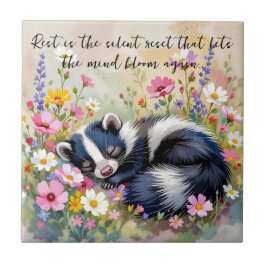 En bedårande skunk som sover i blommor och citat kakelplatta