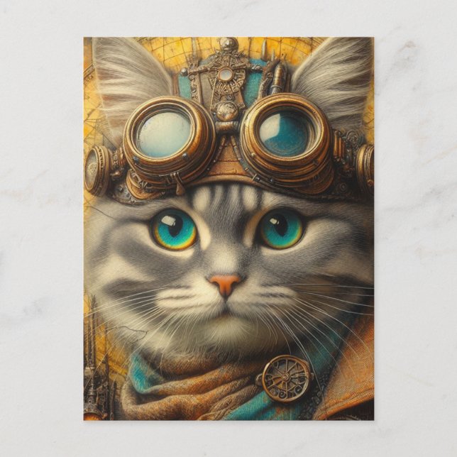 en bedårande steampunk grå katt vykort (Framsida)