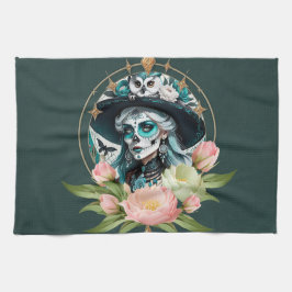 En bedövande kvinna med en bedövande skallmakerie kökshandduk