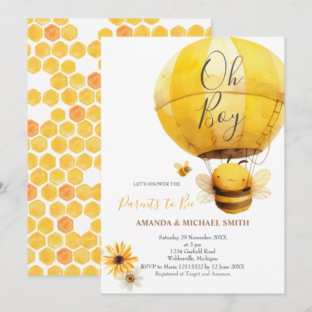 En Bee Watercolor Baby Shower Inbjudningar (Fram/baksida)