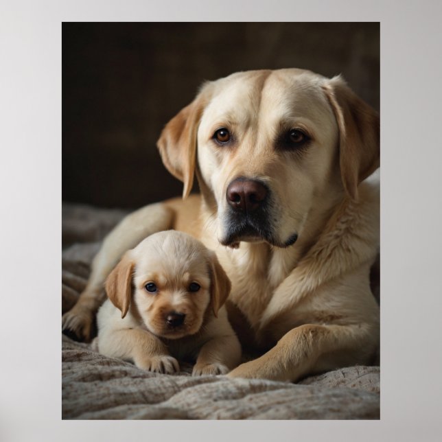 En beige Labrador Female som håller en nyfödd mari Poster (Framsidan)
