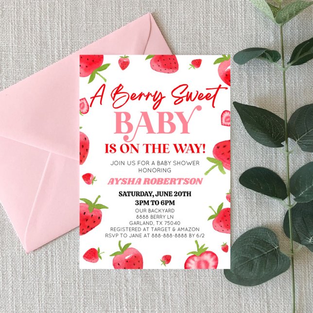 En berry Sweet Baby Strawberry Rosa Red Baby Showe Inbjudningar (Skapare uppladdad)