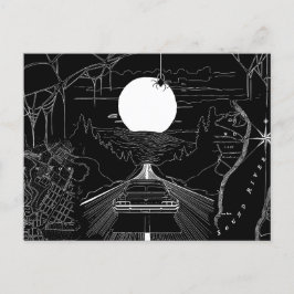 En bil som kör genom skogen och bergen vykort