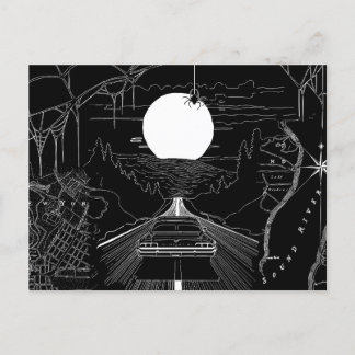 En bil som kör genom skogen och bergen vykort