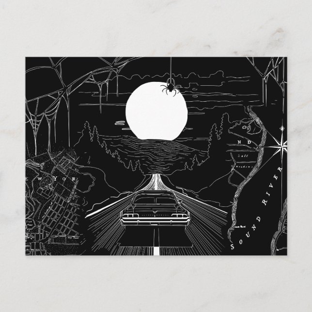 En bil som kör genom skogen och bergen vykort (Framsida)