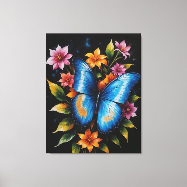 en blå fjäril på en blomma canvastryck (Framsida)