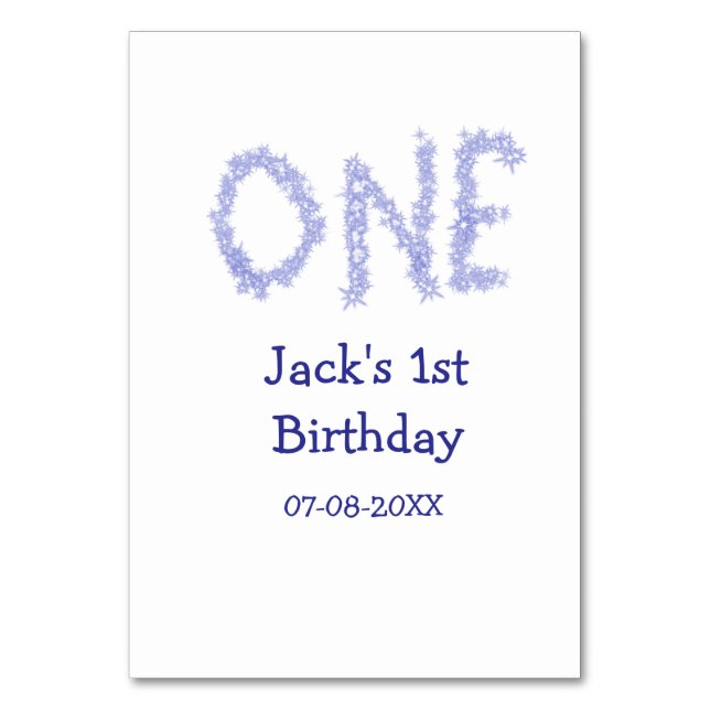 En blå glitter-pojke, modern 1-årsdag bordsnummer (Framsidan)