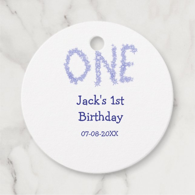 En blå glitter-pojke, modern 1-årsdag gåvor etiketter (Framsida)
