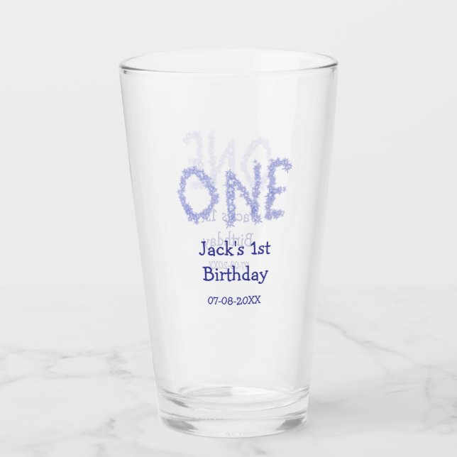 En blå glitter-pojke, modern 1-årsdag glaskopp (Framsida)