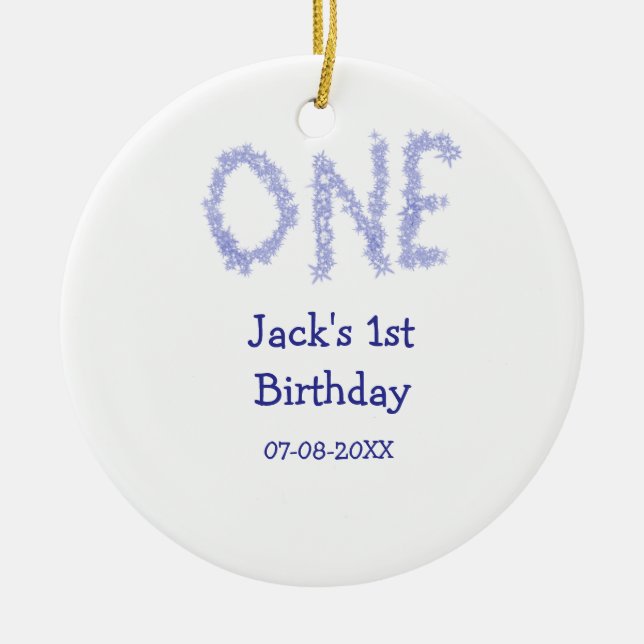 En blå glitter-pojke, modern 1-årsdag julgransprydnad keramik (Framsidan)