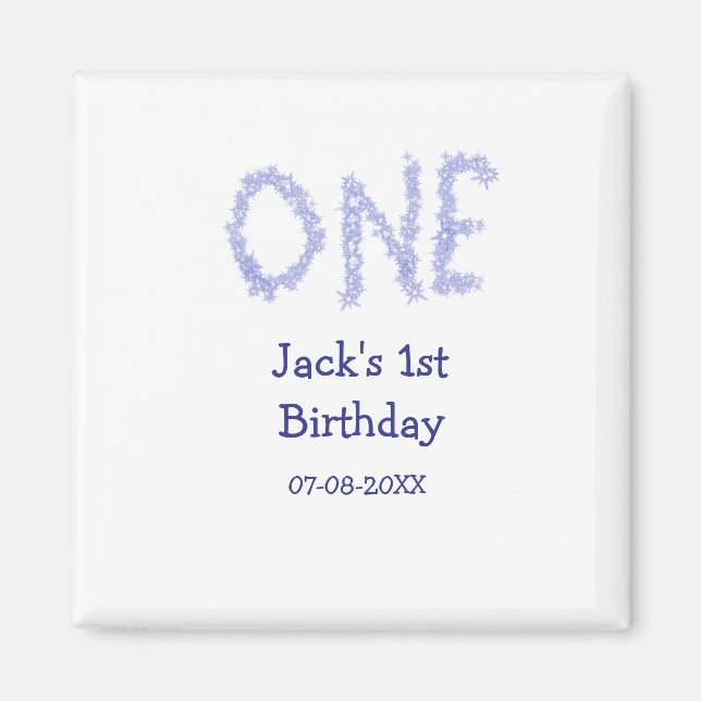 En blå glitter-pojke, modern 1-årsdag magnet (Framsidan)