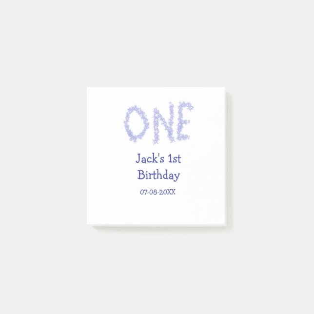 En blå glitter-pojke, modern 1-årsdag post-it block (Framsida)