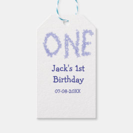 En blå glitter-pojke, modern 1-årsdag presentetikett