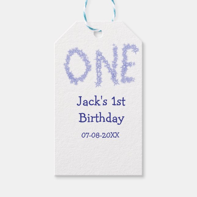En blå glitter-pojke, modern 1-årsdag presentetikett (Framsidan)