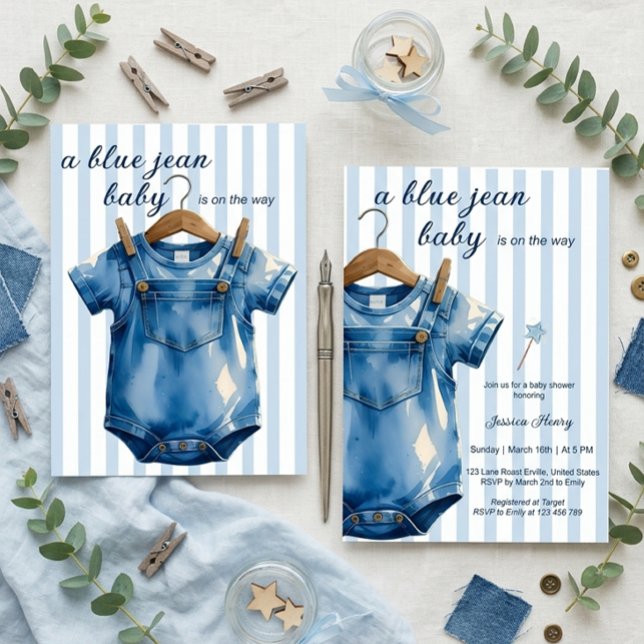 En Blå Jean Baby Denim Babyfirande Blå Ränder Inbjudningar (Skapare uppladdad)