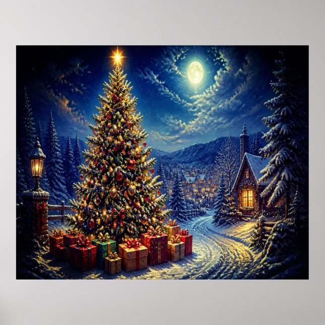 En blå julscen på grannskapsgatan poster (Framsidan)