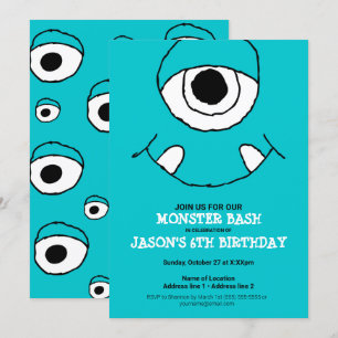 En blå monsterbash! Cute Monster Party Inbjudan