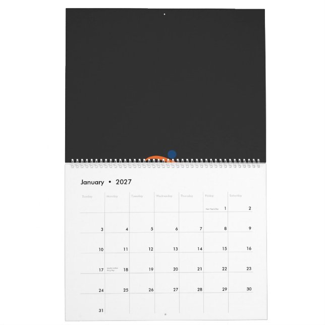 en blå och orange logotyp med en man som springer kalender (Jan 2027)