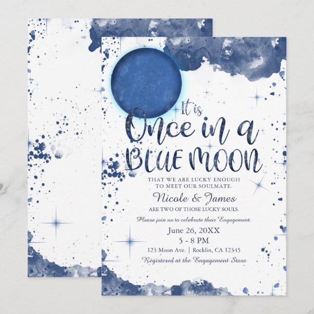 En blåmånad vattenfärg engagemangsdusch inbjudningar (Fram/baksida)