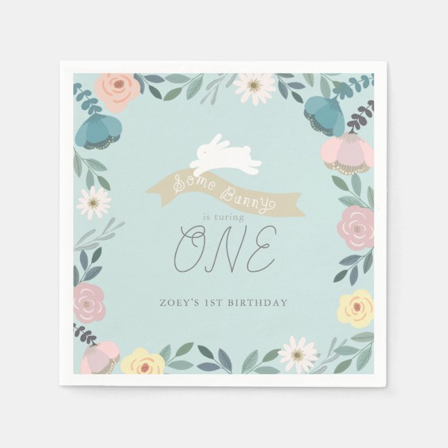 En Blommigt i Bunny Garden 1:a födelsedagsblått Pappersservett (Framsidan)
