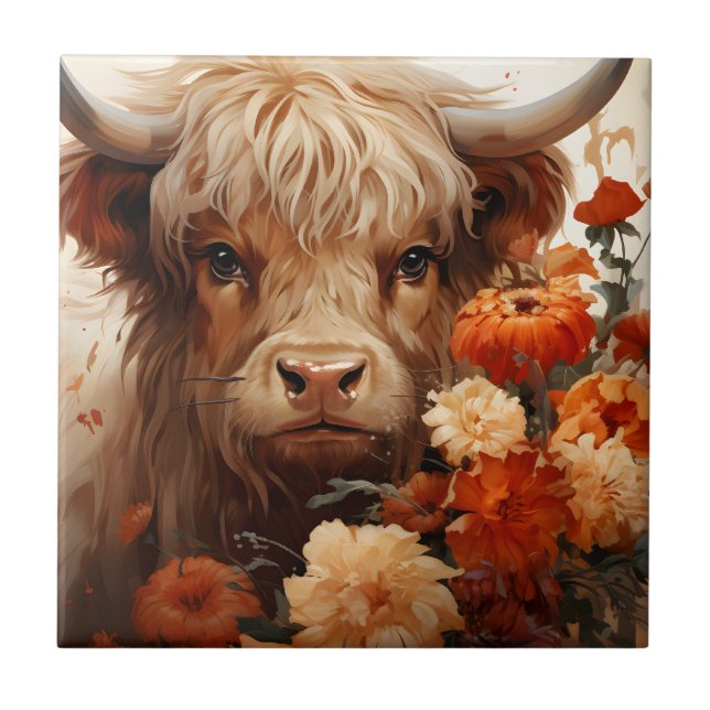 En blomsterrik Highland Cow-serie Design 1 Kakelplatta (Framsidan)